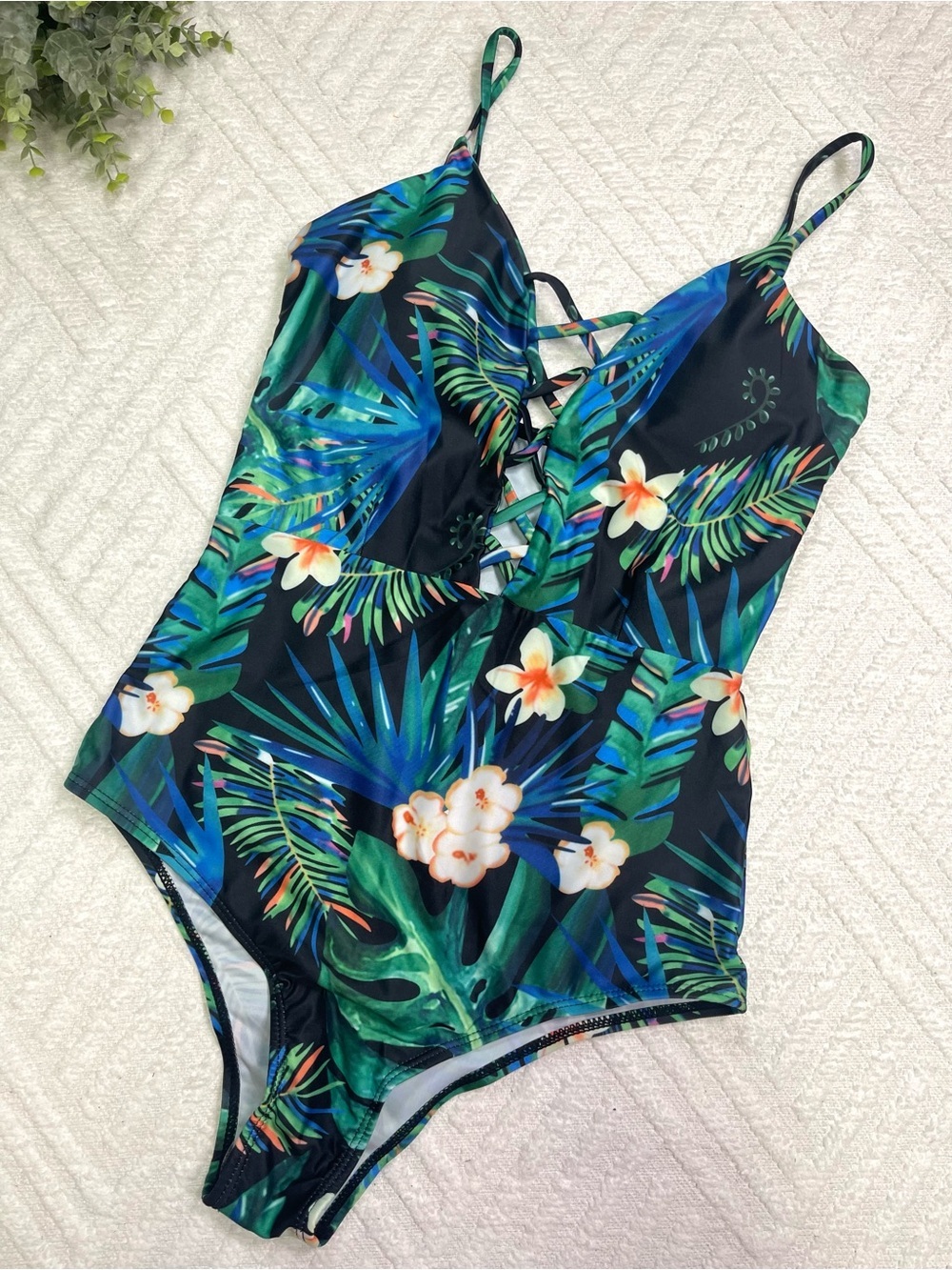 Tropical Floral One-Piece Swimsuit Green/Blue with Lace Up Front Size L